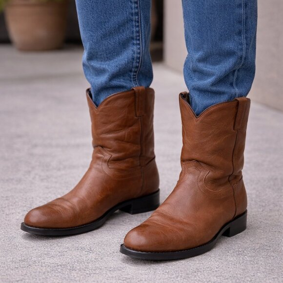 Justin Cowboy Boots Mens 9 EE Brown Leather Western Round Toe Made In Mexico